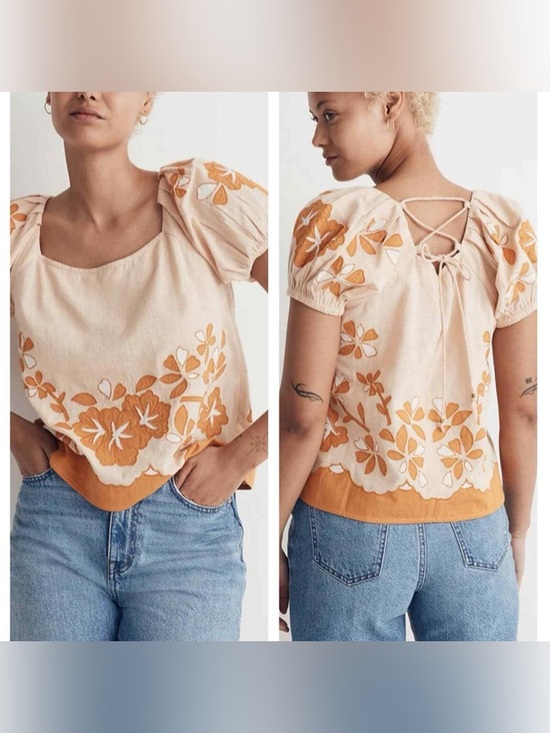 Madewell Tops - NWT Madewell Embroidered Lace Up Back Top Puff Sleeves Orange Peach Floral